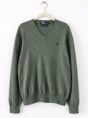 Polo Ralph Lauren Vintage Pima Cotton Heather Green‎ V Neck Mens Sweater